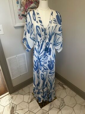 Blue and White Floral Maxi Dress with Tassel Tie